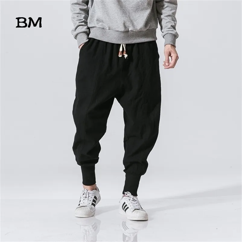 Japanese cotton flaxen trousers ankle banded pants men loose harem Chinese style large bloomers linen knickerbockers 211108
