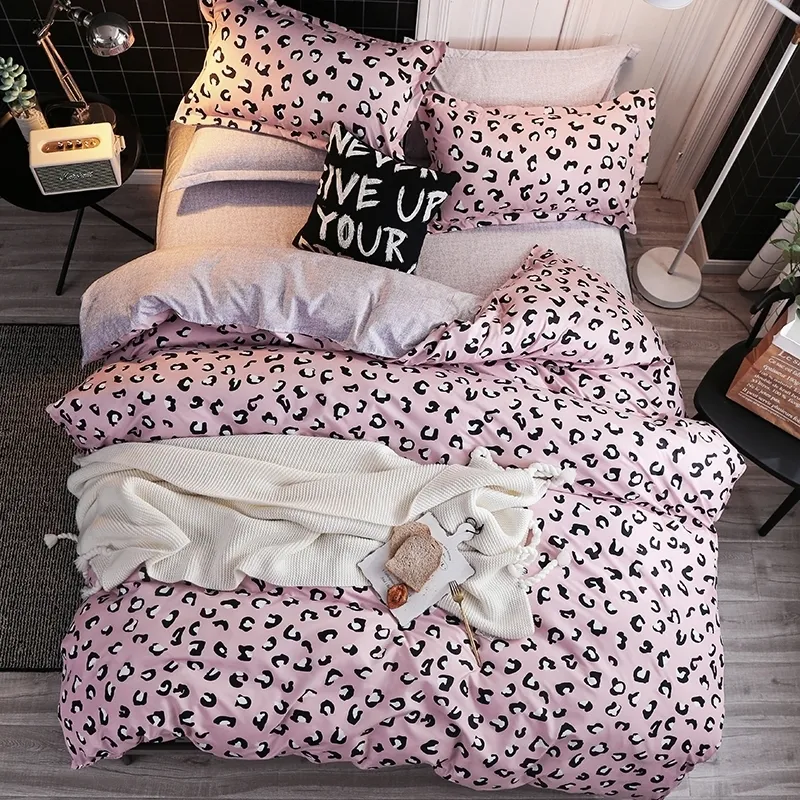Pink Leopard Print Home Bedging Установки Пододеяльник Крышка Кровать Беланка Наволочка Плоский Лист Кинг Королева Полный 4 шт. Twin 3 шт. Y200417