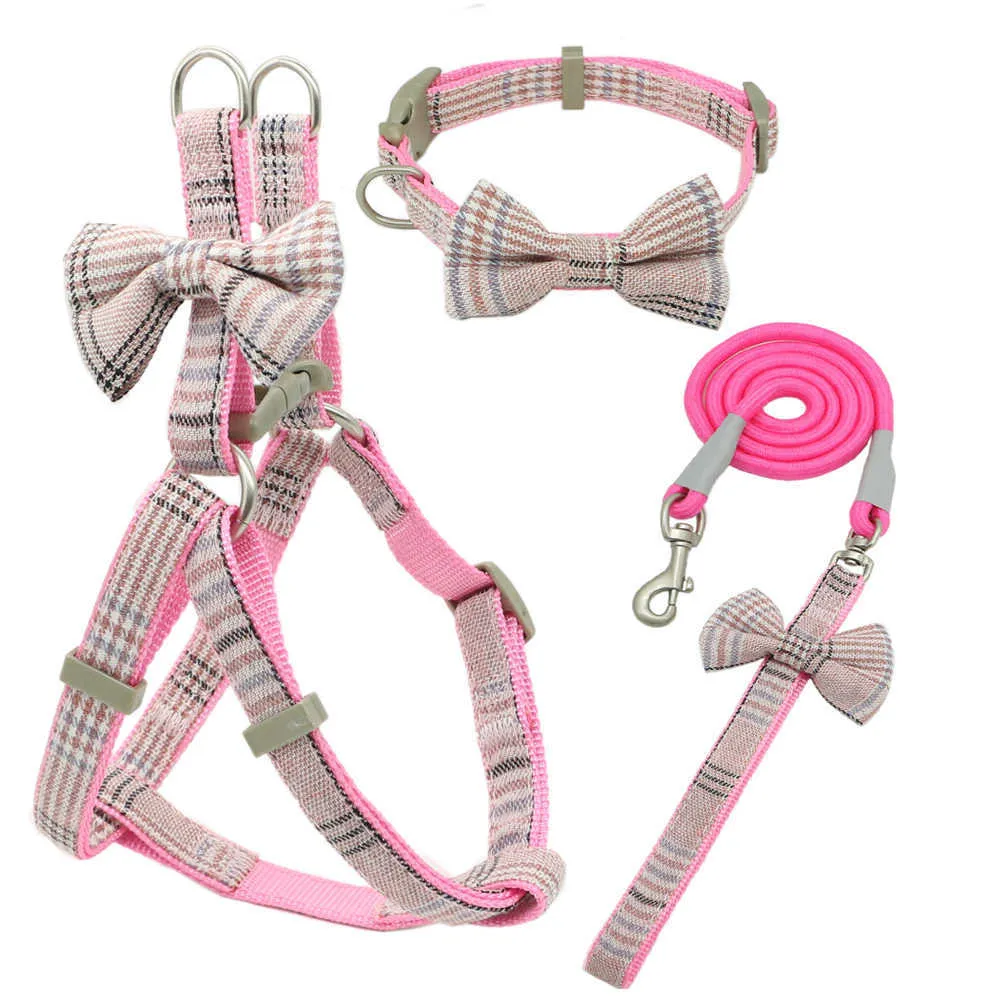 Soft Pet Harness and Leash Collar Set Adjustable Lovely Bow Nylon for Small Medium Dog Leashes Outdoor Walking Pet Supplies 210712