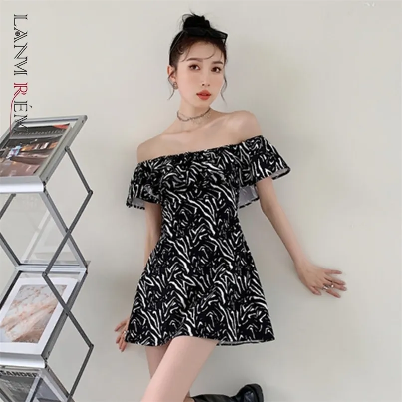 Women Dress Stripes Slash Neck Short Sleeve Temperament Loose Fit Fashion Summer 2H812 210526