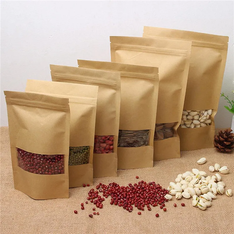 14 sizes Food Moisture proof Bags Packaging Sealing Pouch Stand Up Brown Kraft Paper Bags with Transparent Clear Window