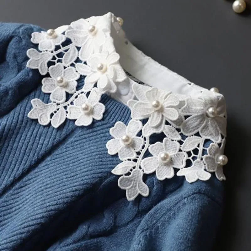 蝶ネーションエレガントな白い偽の偽の襟の女性手作りのシャツFalseの女性刺繍レースの花は取り外し可能な襟