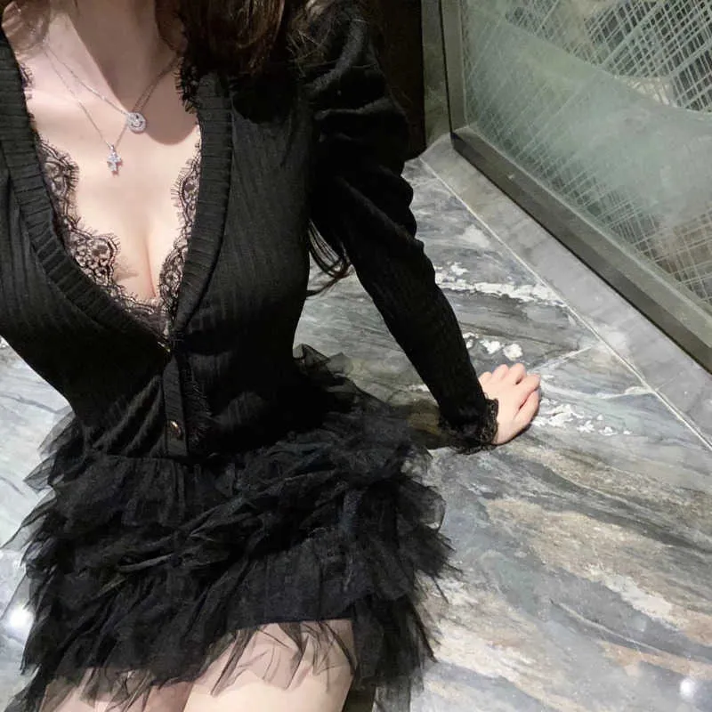 WOMENGAGA Black Swan V-neck Eyelash Lace Stitching Knitted Fluffy Mesh Dress Long Sleeve Mini Dresses Sexy Women S7P8 210603