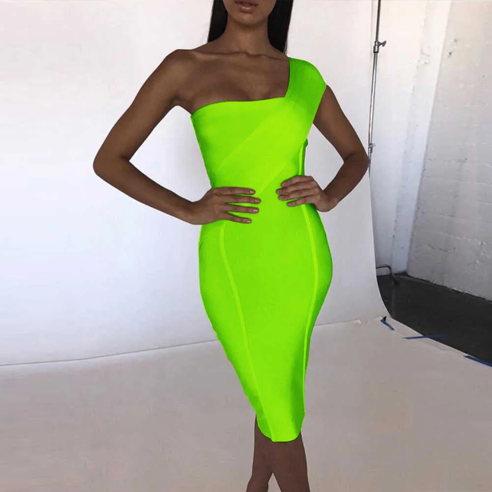 Ocstrade Bandage Dress for Women Summer Neon Green Bandage Dress Bodycon Summer Women One Shoulder Sexy Club Party Dress 210719