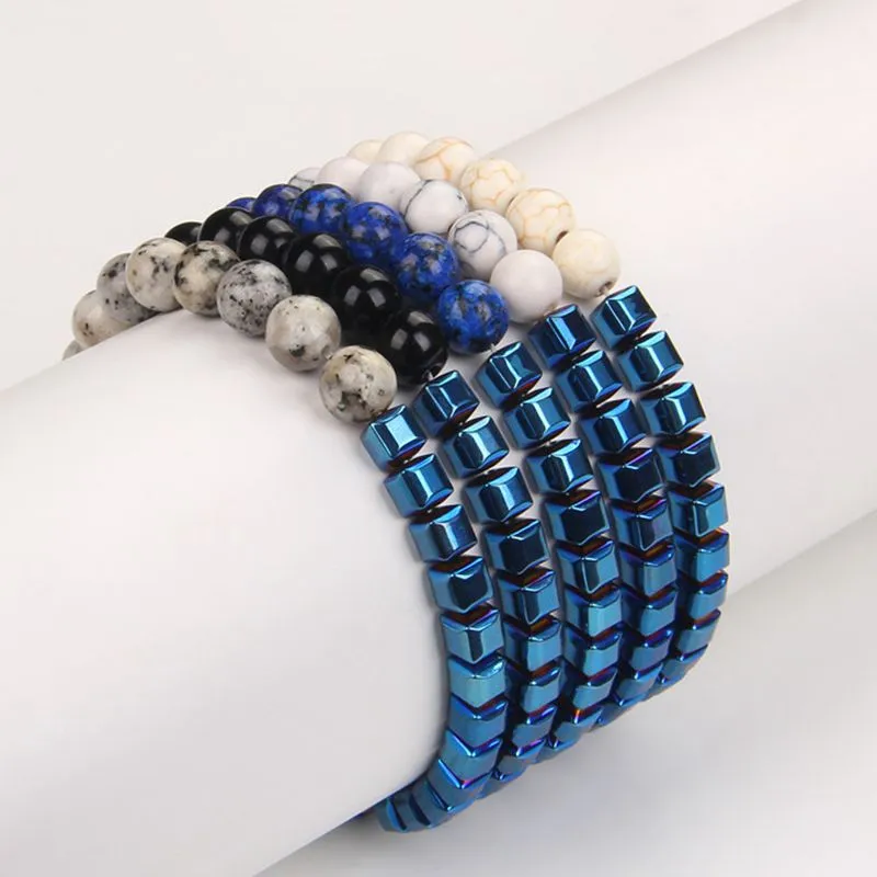 Ronde Nature pierre Magnétique Thérapie Santé Bracelet À La Mode Bleu Carré Hématite Métal Stretch Bracelet Pour Hommes Femmes