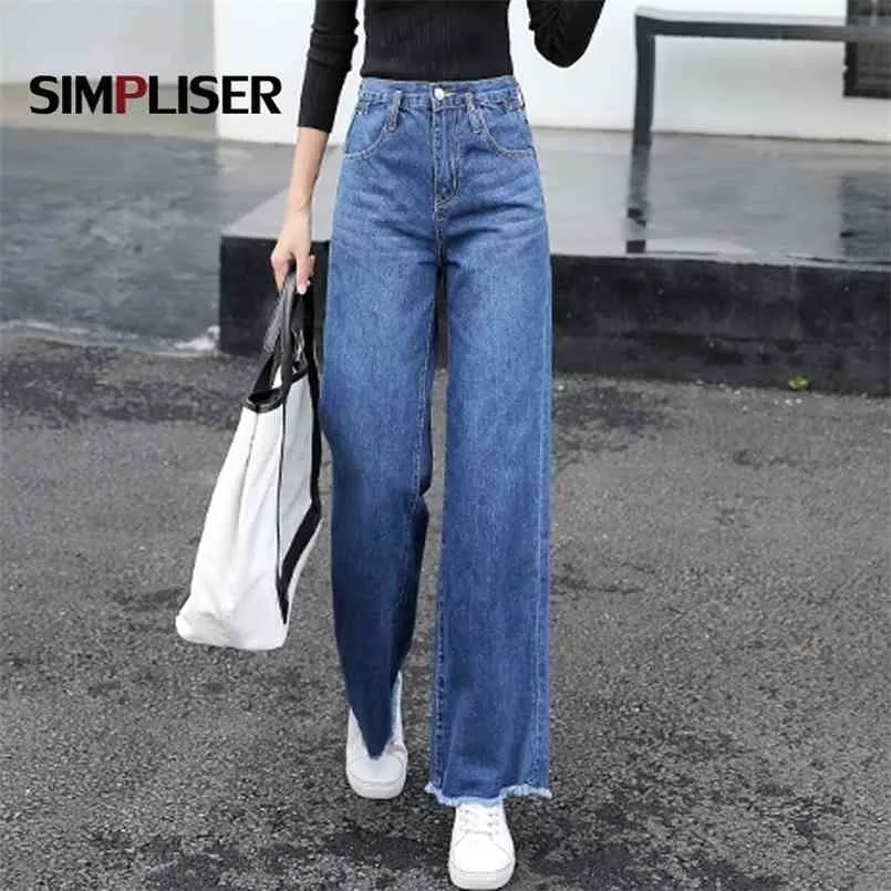 Mulheres largo perna solta jeans jeans azul calça feminino calças longas cintura alta cintura chique calças mãe estiramento estilo coreano 210809