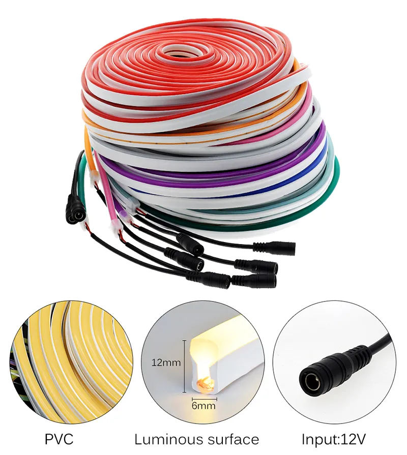 6*12mm 120LEDs Bandes LED Enseigne Au Néon Lumières 5M 12V Multi Couleurs Silicone Étanche Flex Arc-En-Bande pour la Décoration avec Connecteur DC Femelle