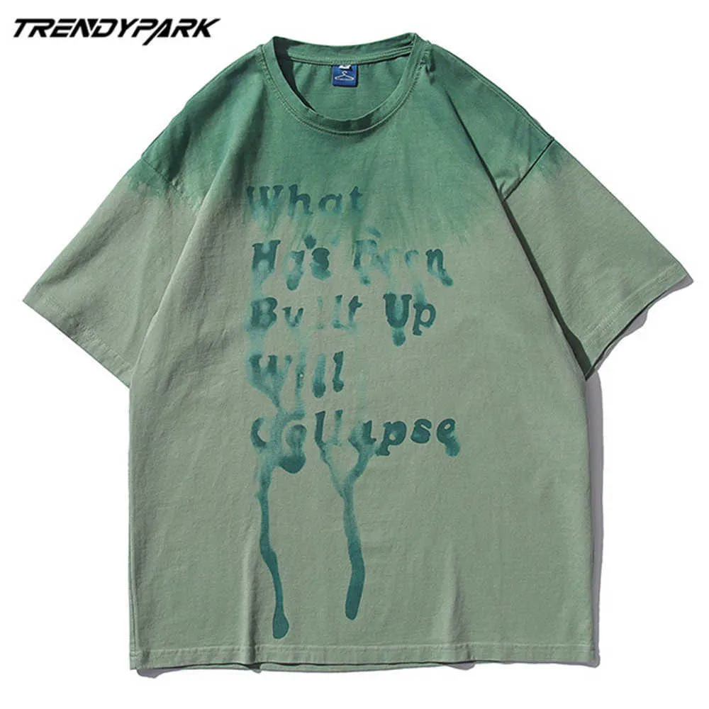 Mäns T-shirt Sommar Tie-Färgbokstäver Skriv ut Kortärmad Tee Hip Hop Oversized Cotton Casual Harajuku Streetwear Topp Tshirts 210601