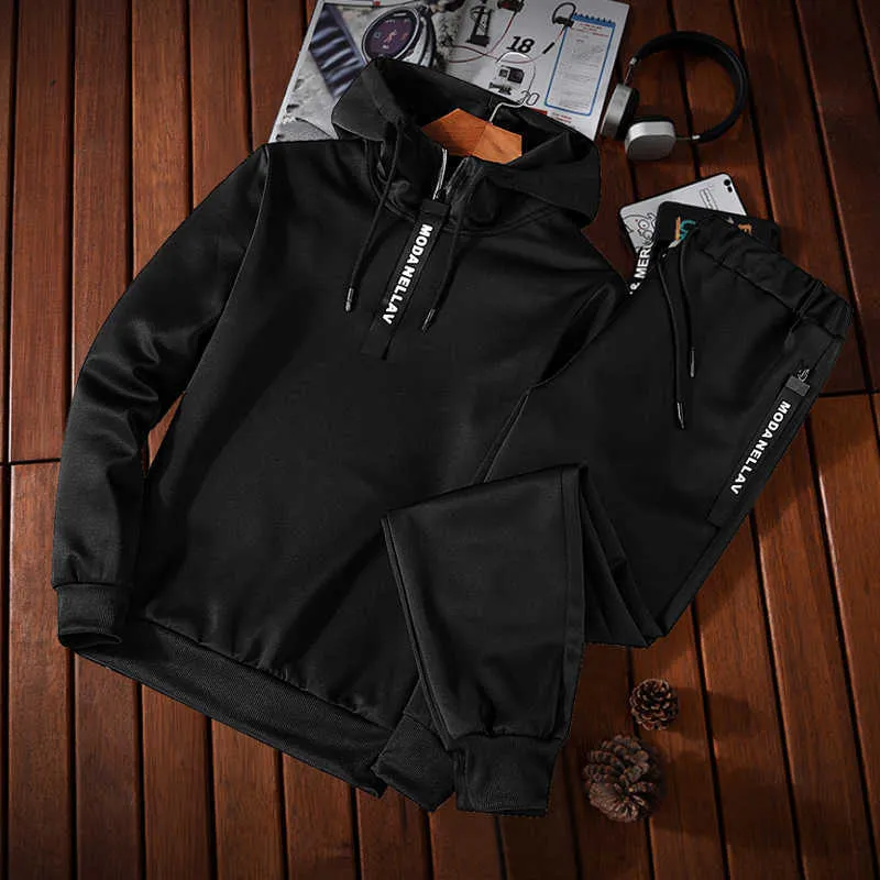 Conjuntos de roupas esportivas masculinas de cor sólida Patchwork Zipper Tracuit Homens Primavera Casual Moletom com capuz Hoodies 2PC + Calças Jogging_voghion.com