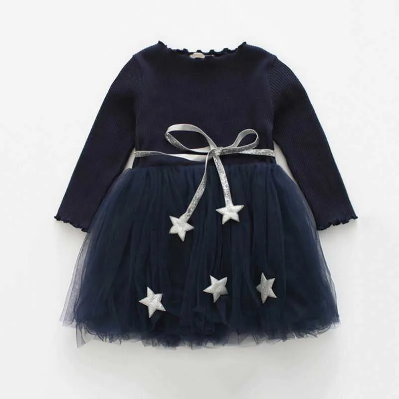 Retail Spring Autumn Girl Sweet Dress Glitter Star Sash Long Sleeve Princess Dresses Children Clothes 3-7 Years AZ1490 210610