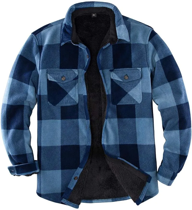 Stylish Mens Sherpa Lined Fleece Plaid Shirt Red Jackets Warm And