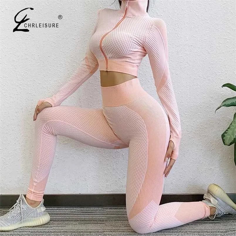 Two Piece Set Tracksuit Women Zipper Workout Long-sleeve Crop Top Tight Leggings Women Fitness Seamless Clothes 211007