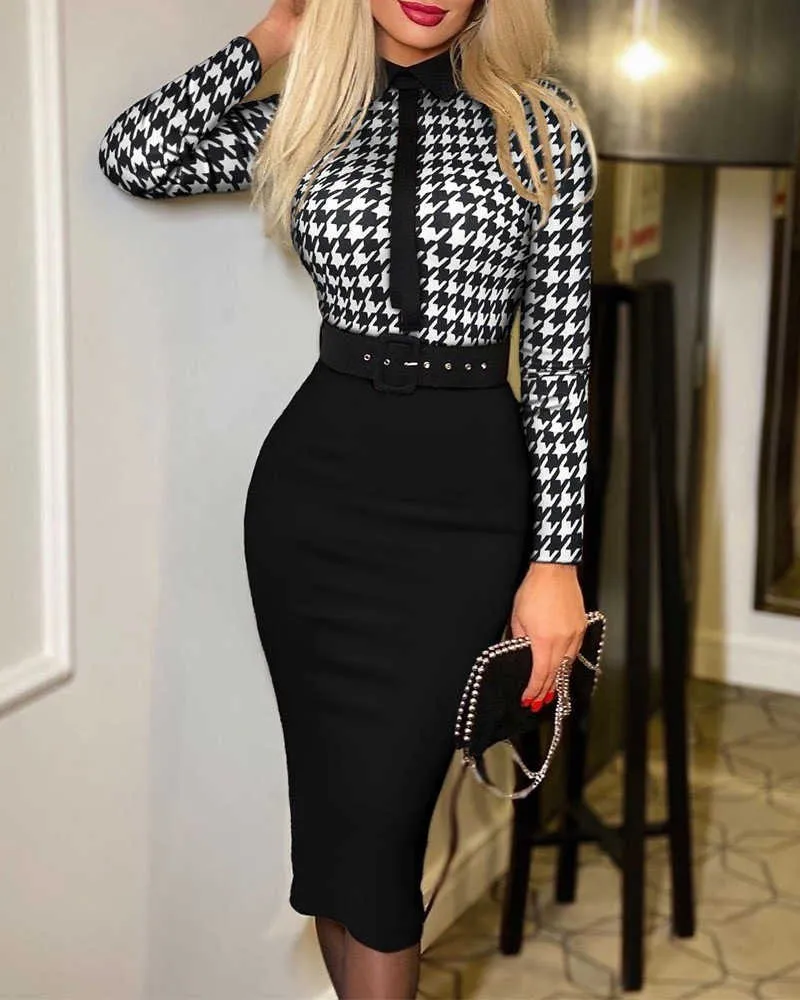 Höst Mode Elegant Tight Dress Women Office Ladies Plaid Print Belt Långärmad Klänning Y1006