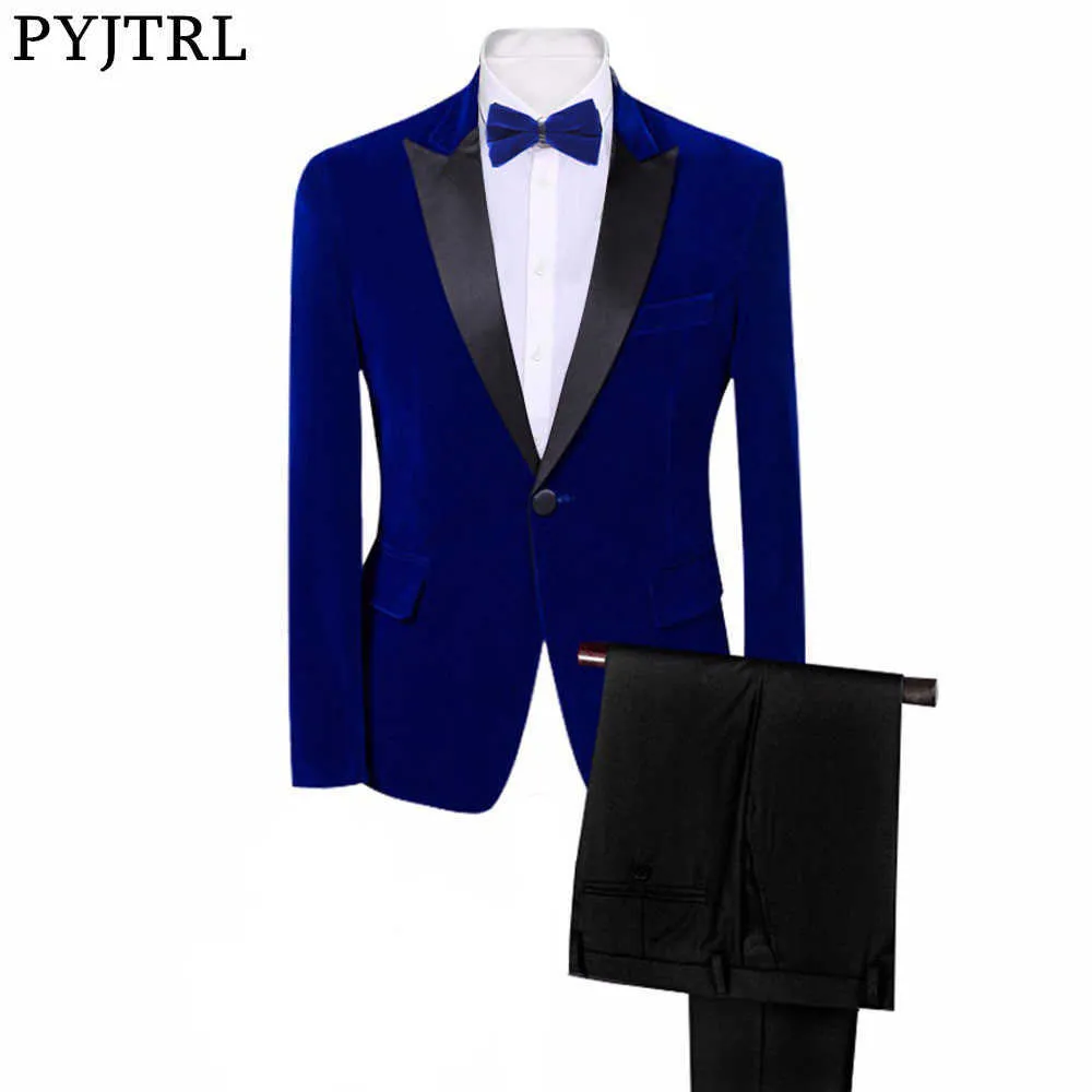 PYJTRL Marca Uomo Classico 3 pezzi Set Abiti in velluto Elegante Borgogna Royal Blue Nero Matrimonio Sposo Slim Fit Tuxedo Costume da ballo X0909