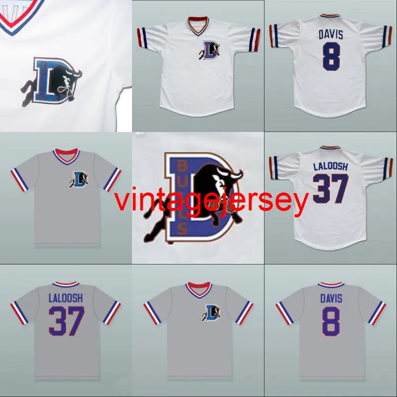 Bull Durham 37 Ebby 'Nuke' LaLoosh 8 Crash Davis Movie Jersey 100% cosido Botón cosido Camisetas de béisbol retro Blanco Gris