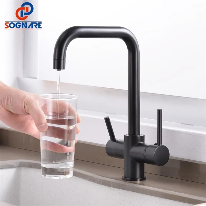 Sognare Zwarte Keukenkraan Drinkwater Filter Kraan Dual Handvat Koude 3-weg Filter Keuken Mixer Taps Torneira Cozinha 211108