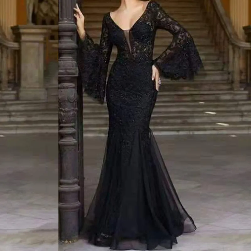Black chiffon sequin mermaid prom dress with spaghetti straps and ruffled  sweep train from Dhgate Prom Dresses - price 159.45