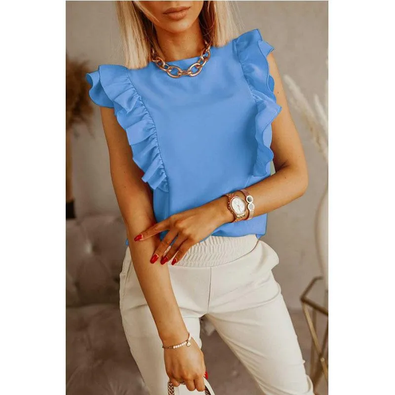 Damskie Bluzki Koszule 2021 Lato Kobiety Moda Solid Color O-Neck Top Wzburzyć Krótki Rękaw Pulower Casual Koszula Kobieta Odzież Wholesal