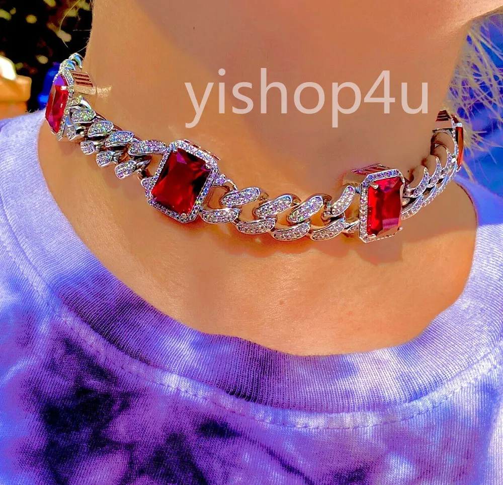 Men Women's 13mm Miami Cuban Link Chain Red &Blue Ruby Necklace 14k White Gold Diamonds Girl Friend Gift 16inch-20inch