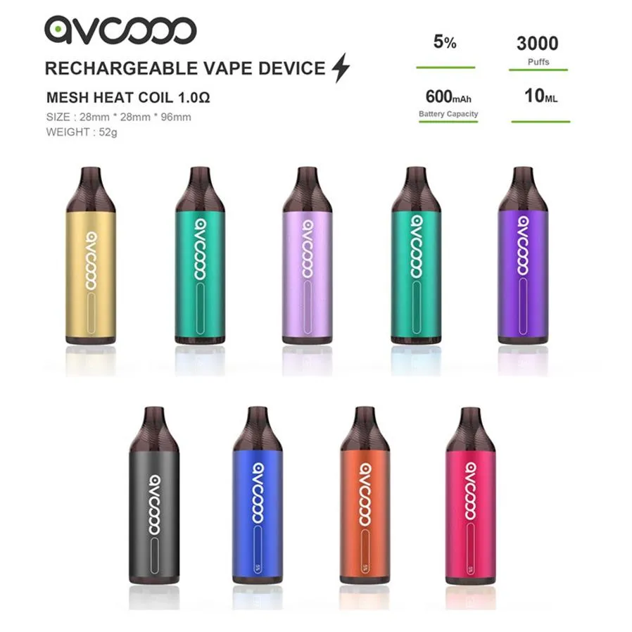 AVCOOO Mesh Bobin Tek Kullanımlık Elektronik Sigara Şarj Edilebilir 3000 Puffs Vape Pen Sticks235Y