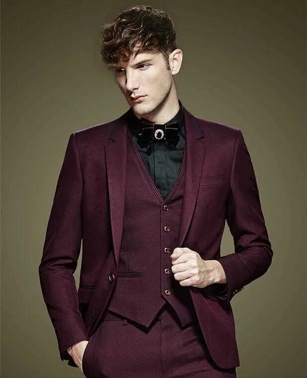 Burgundy Notch Lapel One Button Jacket+Pants+Vest+Tie Fashion Terno Masculino Costume Homme Elegant Men Suits Formal Handsome X0909