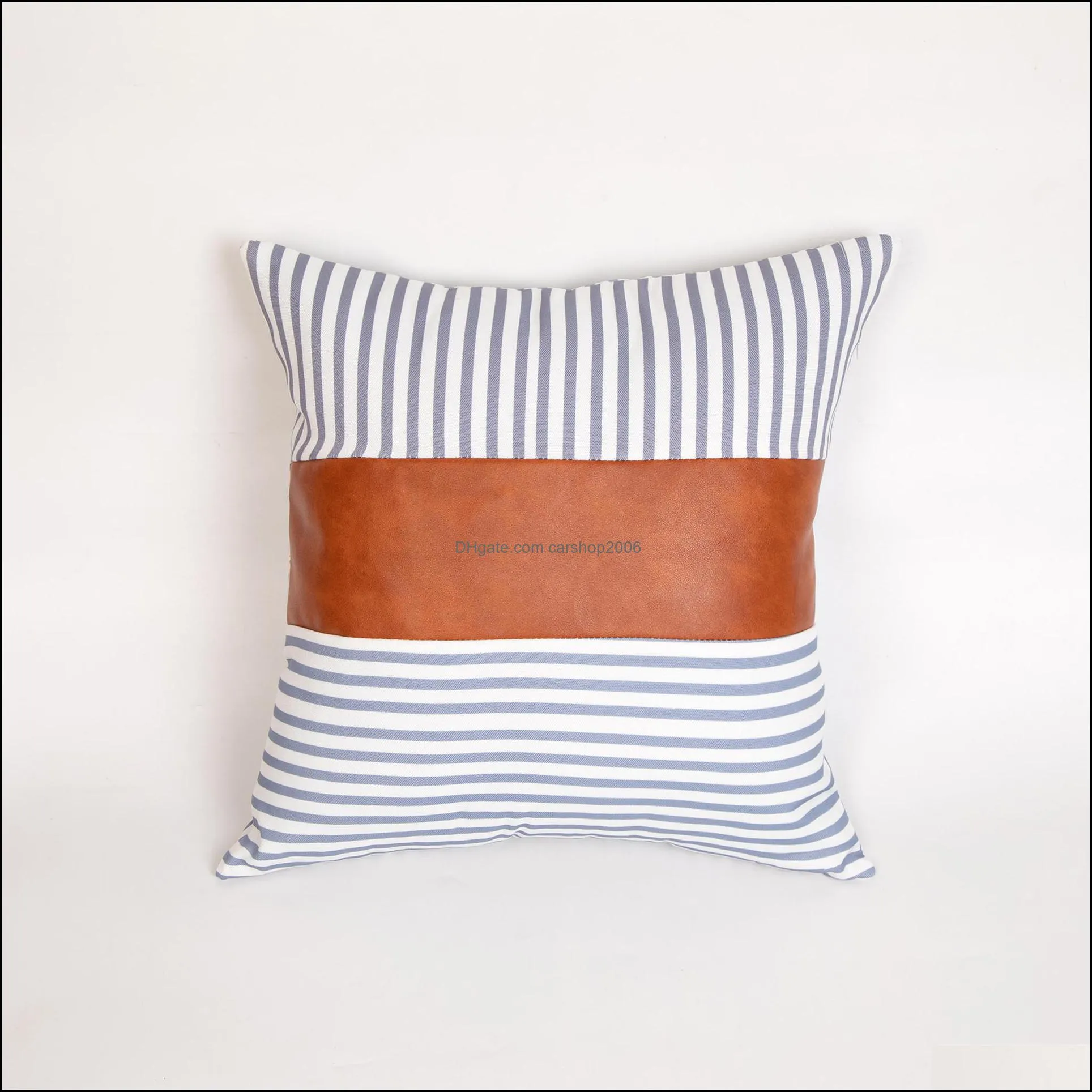 Fashion Stripe PU Pillow Cover 18x18Inch Soft Leather Canvas Patchwork Pillowcase Sofa Cushion Cover Home Decorative Pillow Cover DBC
