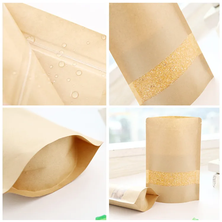 Sac en papier Kraft à fermeture éclair auto-scellante, sacs d'emballage alimentaire pour fruits secs, noix de thé, sac Vertical réutilisable étanche à l'humidité avec Transparent