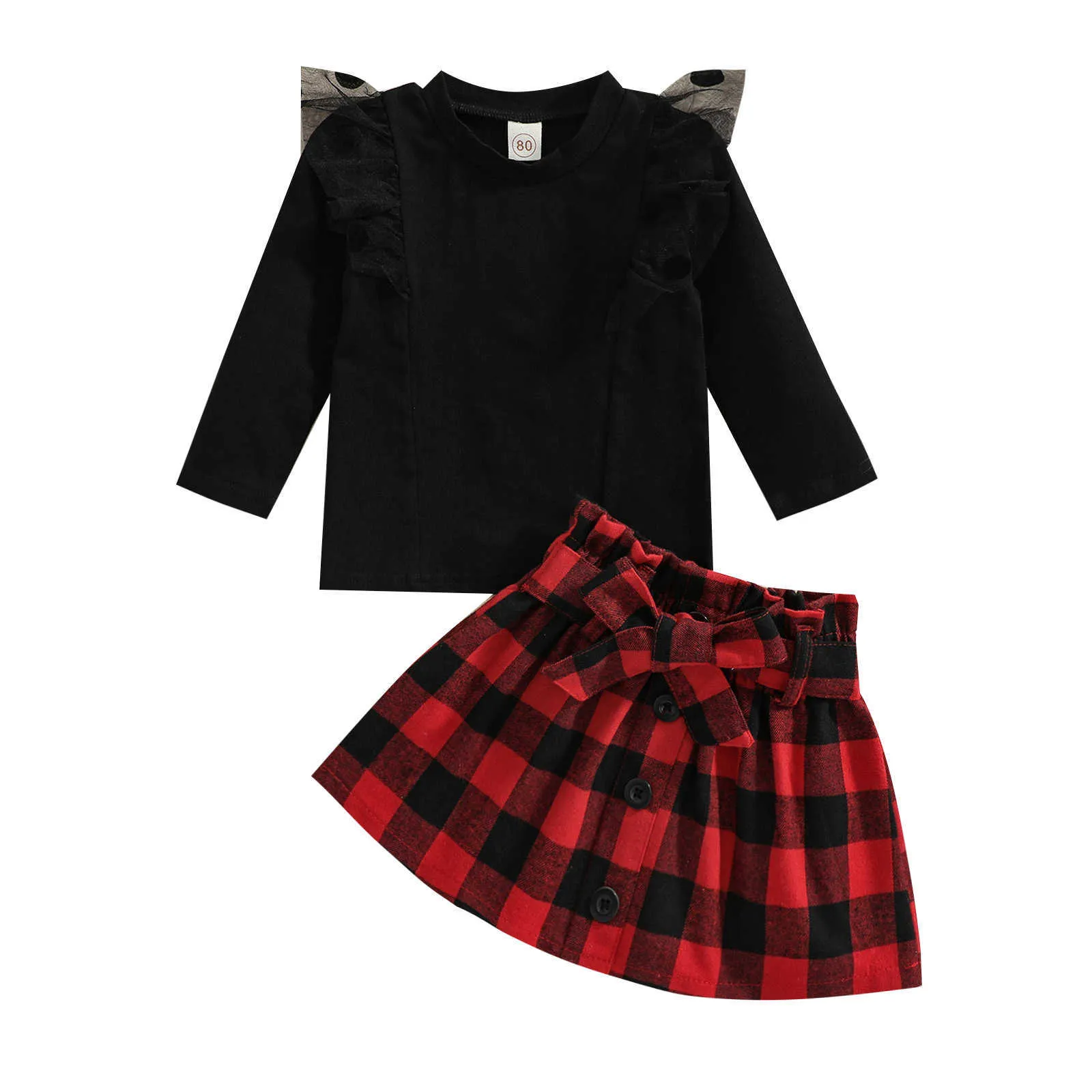 Pudcoco Mädchen Outfits Zwei Stück Anzug Mode Mesh Garn Nähen Langarm Tops und Plaid Bandage Kurzen Rock G1026