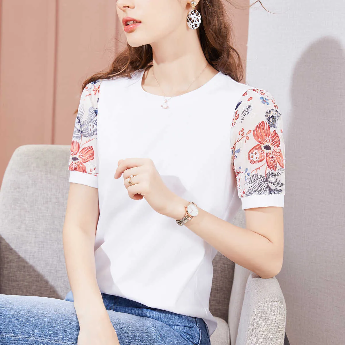 Puff Sleeve Kort spets Patchwork Blommig Vit T-shirt Kvinnor Mode Sommar Toppar Koreanskt Kläder Tshirt Tee Femme 210615
