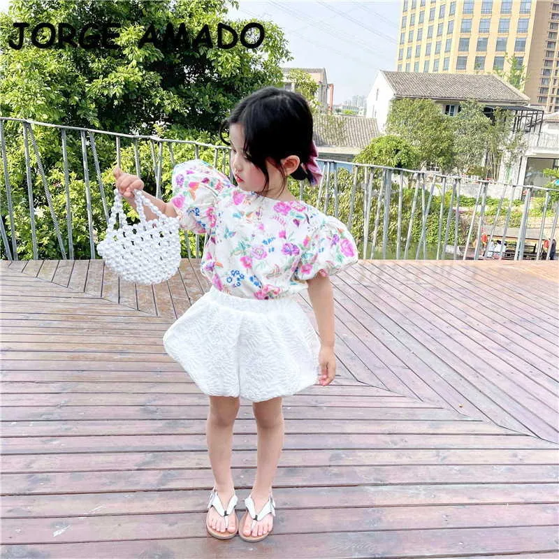 Style coréen été enfants filles 2 pièces ensembles chemises à manches courtes florales + short blanc mignon enfants vêtements E1035 210610