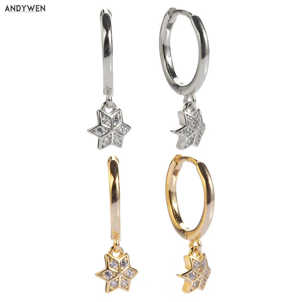 Andywen 925 Sterling Silver Star Pendientes Vintage CZ Zirkonia Zirkoon Hoop Oorbellen Cirkel Oorbel Rock Punk Femme 210608