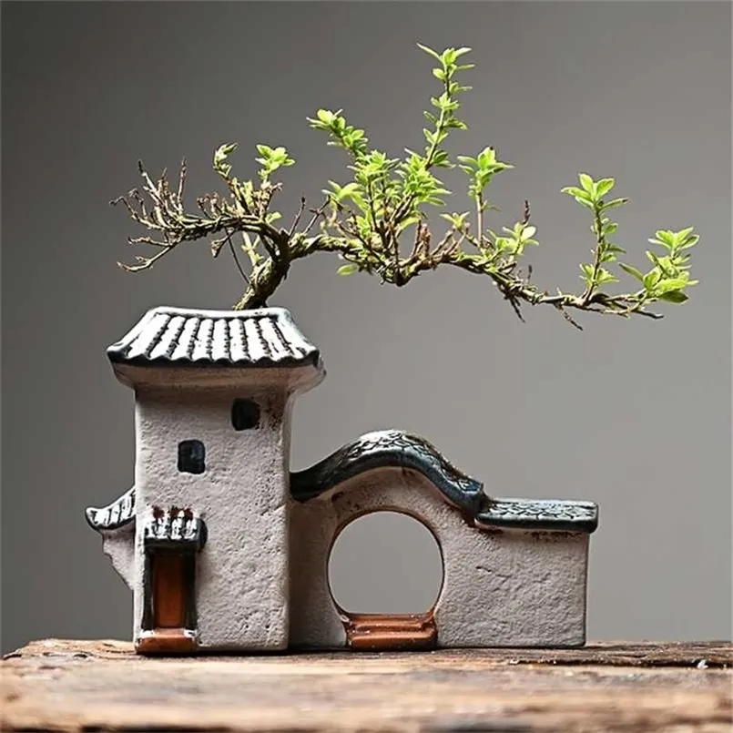 Casa antica cinese Edificio retrò Vaso di fiori in ceramica Decorazione Giardino Bonsai Figurine Miniature Ornamenti per la casa Nave libera 211108