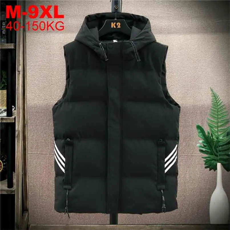 Hooded Vest Män Vinter Tjock Mens Jacka Ärmlös Manlig Bomullade Jackor Coats Warm Waistcats Hoodie Västar Stor storlek 9xL 210923