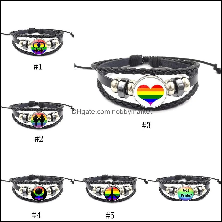 Bedelarmbanden Sieraden Gay en lesbisch teken Armband 18mm Ginger Snap Button Rainbow Cabochons Glas Gevlochten lederen touw voor vrouwen Mannen DRO