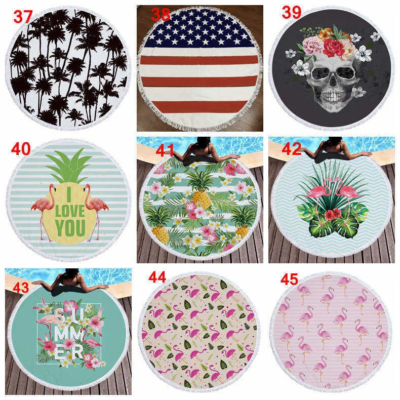 72 designs Summer Round Beach Towel With Tassels 59 inches Picnic mat 3D printed Flamingo Windbell Tropical Blanket girls bathing towels