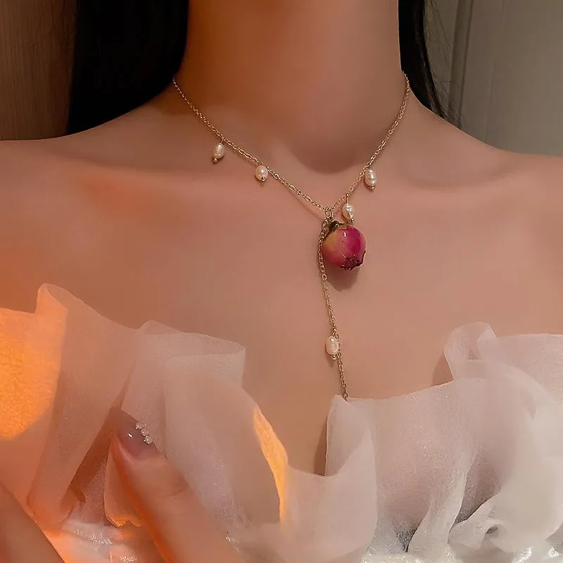 Collane pendenti perle naturali placcato oro collana catena dolce dolce romantico rosa rosa fiore clavicola gioielli alla moda