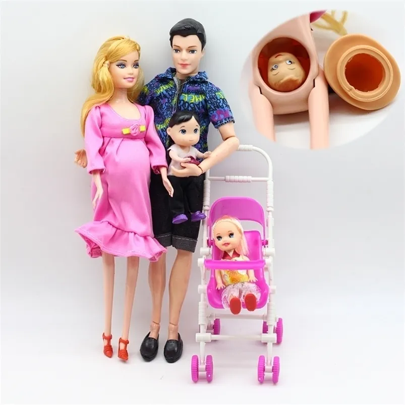 6pcs Happy Family Kit Toy Dolls Pregnant Babyborn Ken&Wife with Mini Stroller Carriages For Baby Dolls Child Toys For Girls Gift 220315