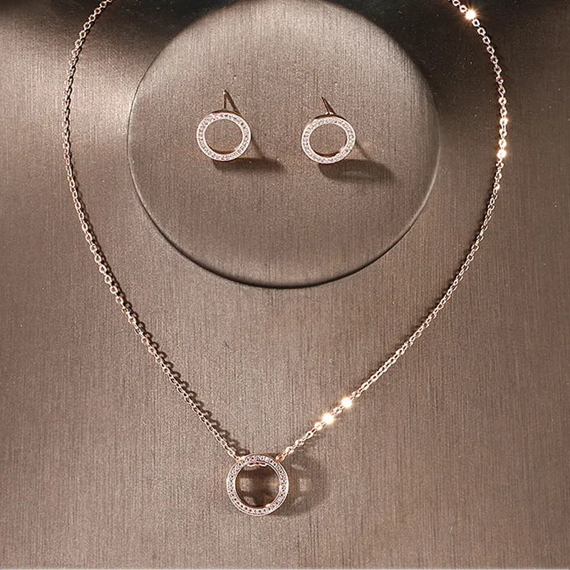 Cirkel av Sparkle Cubic Zirconia Stud Örhängen Hängsmycke Halsband Smycken Set för Women Bridal Dress