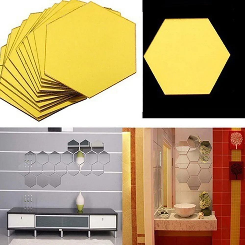 12 unids/set pegatinas de espejo de pared 3D pegatina extraíble de vinilo hexagonal