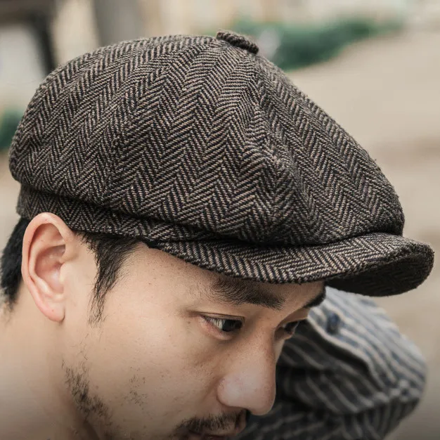 Mężczyźni Tweed Newsboy Kapelusz Beret Herringbone Gatsby Kapelusze Uliczne Czapki Szczyt Octagonal Brim Caps Zima Wiosna Vintage Brytyjskie Berety