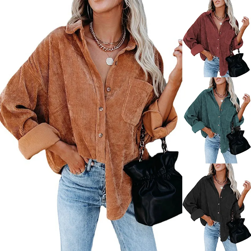 Women Apparel Autumn Winter Corduroy Oversize Shirts Blouses Casual Loose Long Sleeve Single-Breasted Turn Down Collar Pullovers Tees Streetwear Cardigan