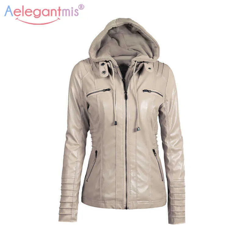 Aelegantmis Autumn Black Women Zipper Pu Leather Jacket Ladies Plus Size Long Sleeve Outwear XS-7XL Two-piece Hooded Coats 210607