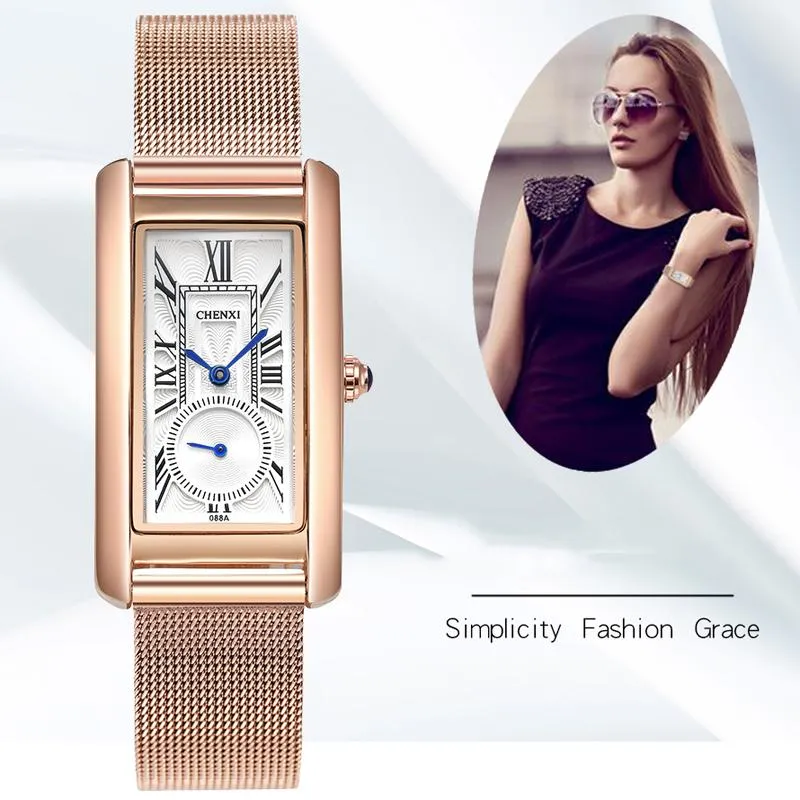 CHENXI Women Watches Luxury Square Rose Gold Mesh Strap Ladies Watch Fashion Quartz For Bracelet