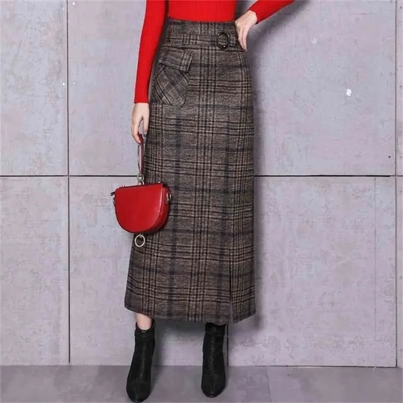 Elegante retro fêmea hight cintura longa saia xadrez mulheres casuais retas vintage moda maxi jupe longupe femme slim 210621