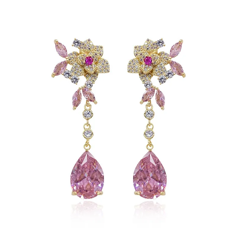 Pink Flower Eardrop For Ladies Designer Statement Camellia Earrings Luxury Brand Jewelry 2021 Fashion Water Drop Dangle