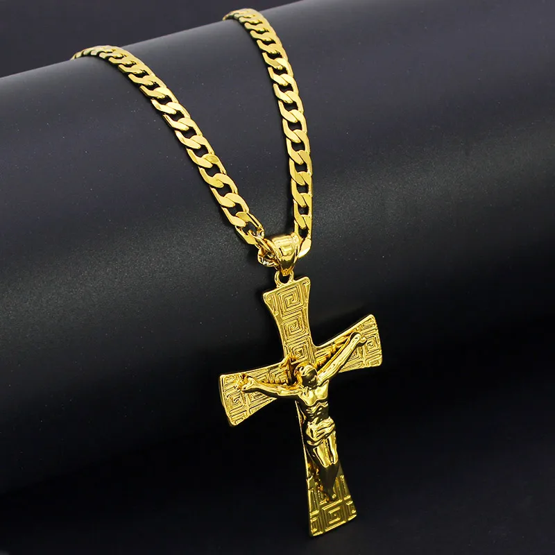 Massief geel fijn goud GF Jesus Wide Cross Charm grote hanger 55 * 35 mm met 24 inch Miami Cubaanse ketting 600 * 5 mm