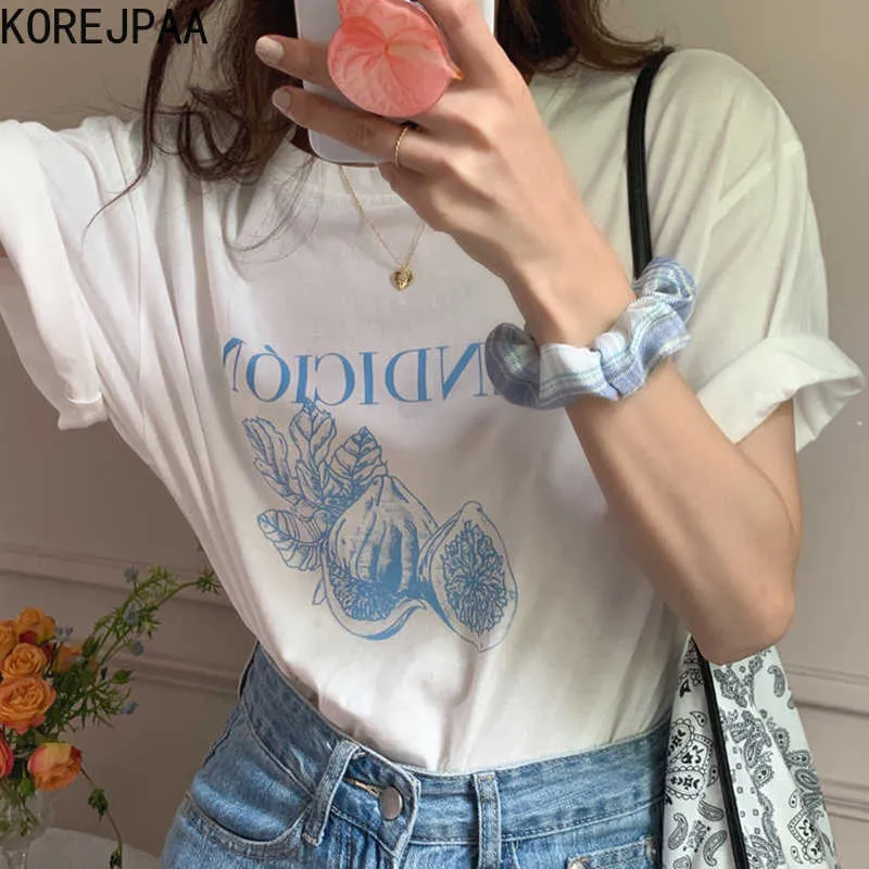 Korejpaaの女性Tシャツ夏の女の子韓国のシンプルなカジュアルラウンドネック文字プリントルーズオールマッチ半袖プルオーバー210526