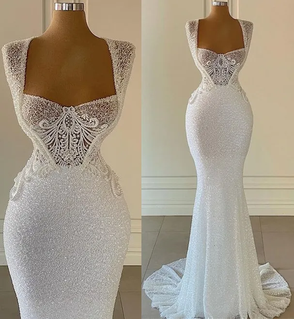 2021 Plus Size Arabic Aso Ebi Mermaid Sparkly Sexy Wedding Dress Beaded ...
