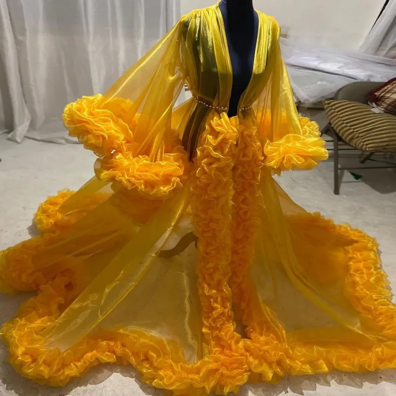 Sexy Gold Yellow Ruffles Maternity Dress Robes for Photo Shoot or Baby Shower Chic Women Prom Gowns Long Sleeve Photography Robe Pregancy