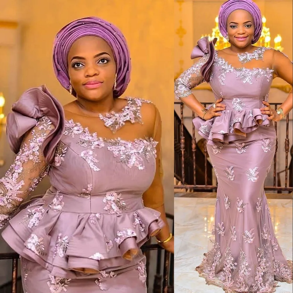 2021 Sexy Aso Ebi Mère De La Mariée Robes Jewel Neck Illusion 3D Floral Dentelle Appliques Etage Longueur Sirène Peplum Mariage Invité Robes Trois Quarts Manches